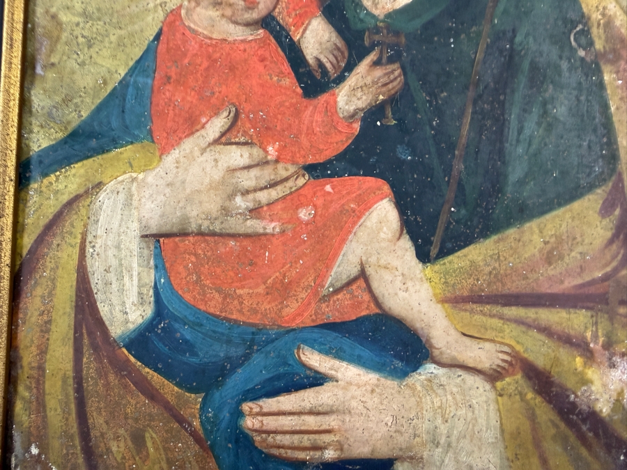 Antique 19th Century Original Mexican Retablo Painting On Tin Showing Saint Joseph Holding The Christ Child 9.5 X 13.5 Framed [Photo 8]