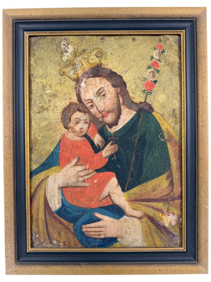 Antique 19th Century Original Mexican Retablo Painting On Tin Showing Saint Joseph Holding The Christ Child 9.5 X 13.5 Framed