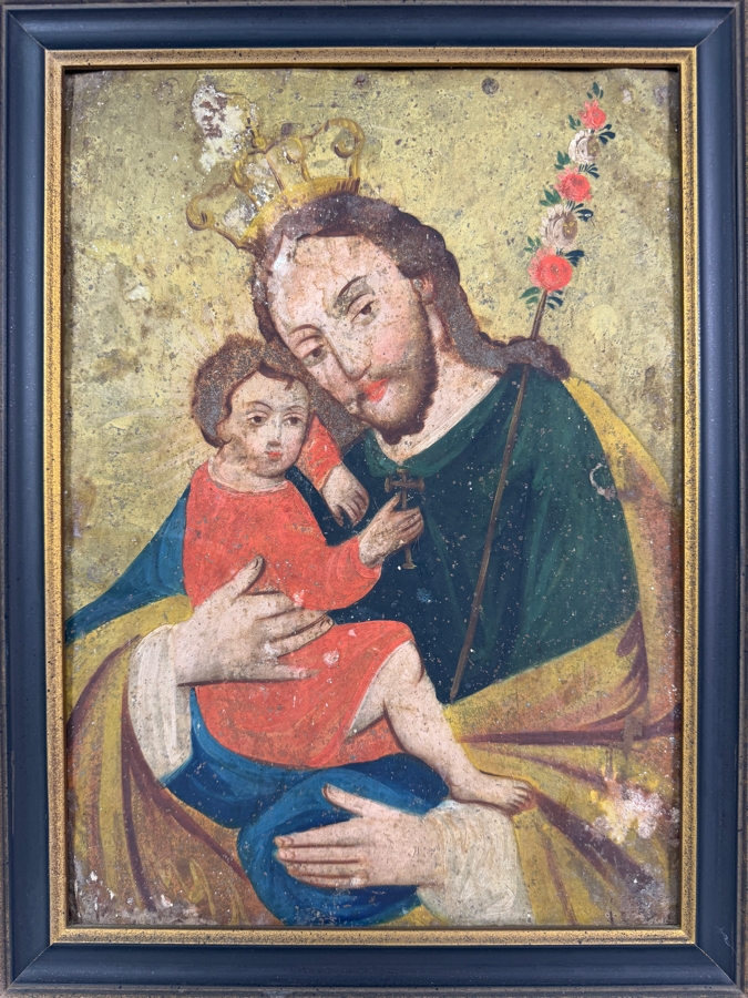 Antique 19th Century Original Mexican Retablo Painting On Tin Showing Saint Joseph Holding The Christ Child 9.5 X 13.5 Framed [Photo 3]