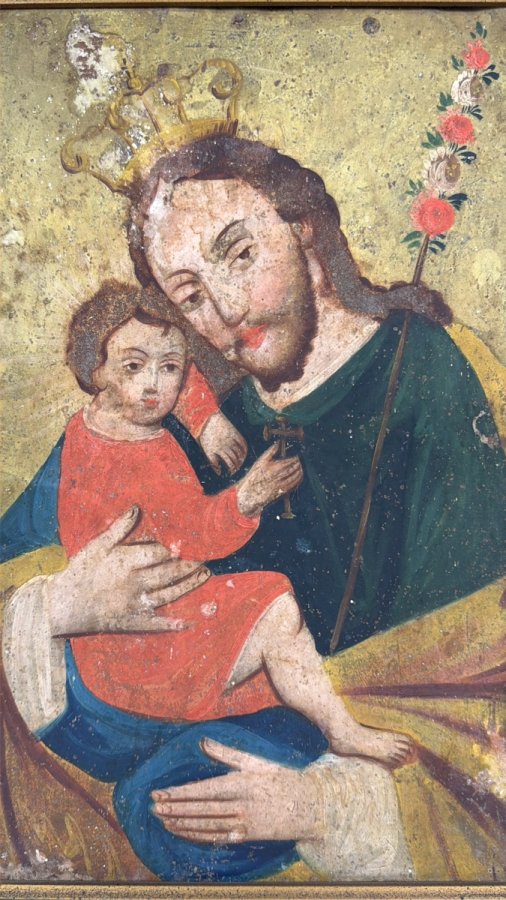 Antique 19th Century Original Mexican Retablo Painting On Tin Showing Saint Joseph Holding The Christ Child 9.5 X 13.5 Framed [Photo 2]