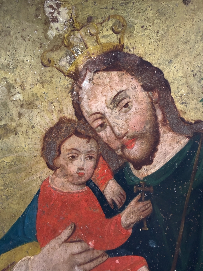 Antique 19th Century Original Mexican Retablo Painting On Tin Showing Saint Joseph Holding The Christ Child 9.5 X 13.5 Framed [Photo 4]