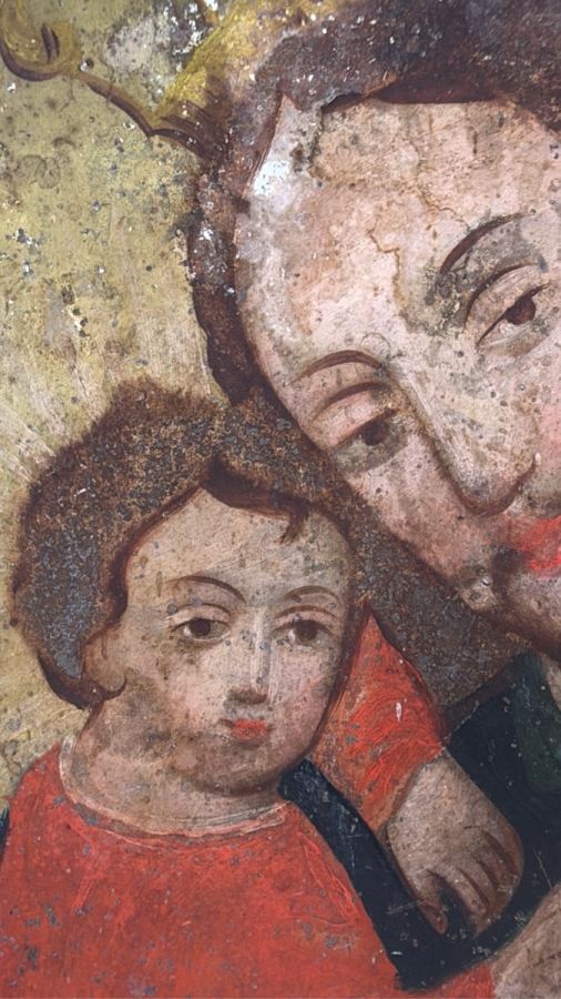 Antique 19th Century Original Mexican Retablo Painting On Tin Showing Saint Joseph Holding The Christ Child 9.5 X 13.5 Framed [Photo 5]