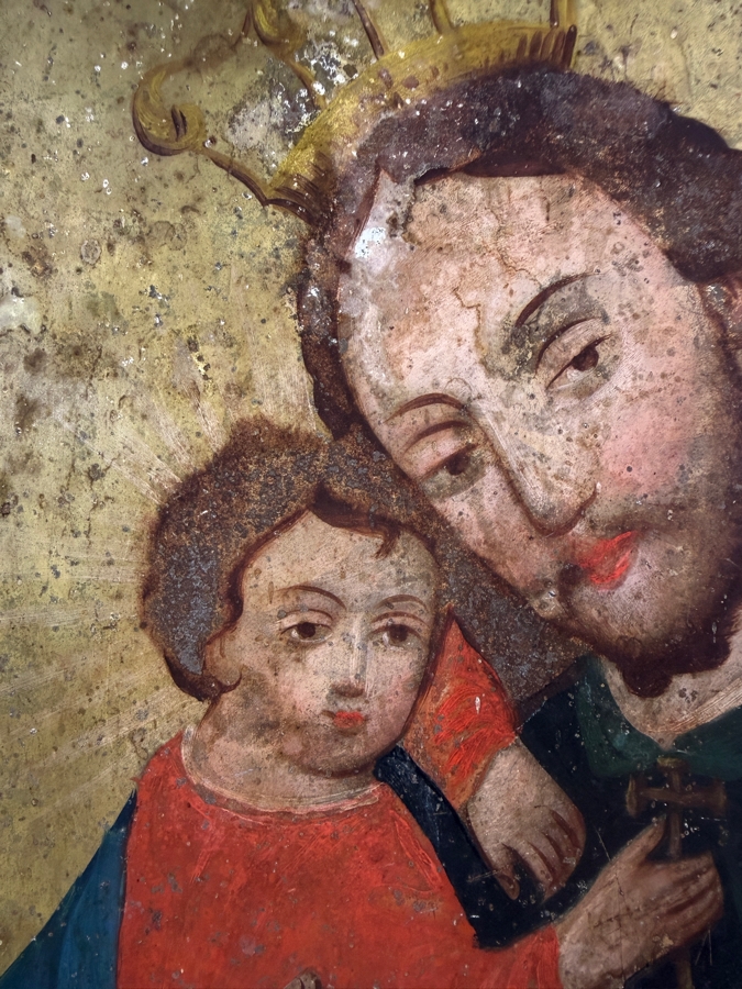 Antique 19th Century Original Mexican Retablo Painting On Tin Showing Saint Joseph Holding The Christ Child 9.5 X 13.5 Framed [Photo 6]