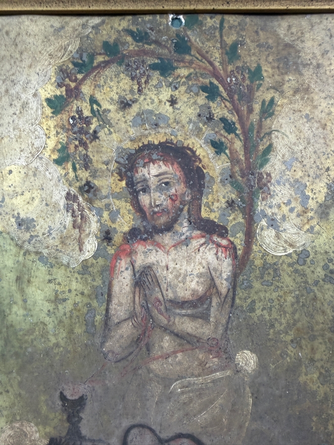 Antique 19th Century Original Mexican Retablo Painting On Tin Depicting 'The Precious Blood Of Christ' 9.75 X 13.75 Framed 12.5 X 16.5 [Photo 6]