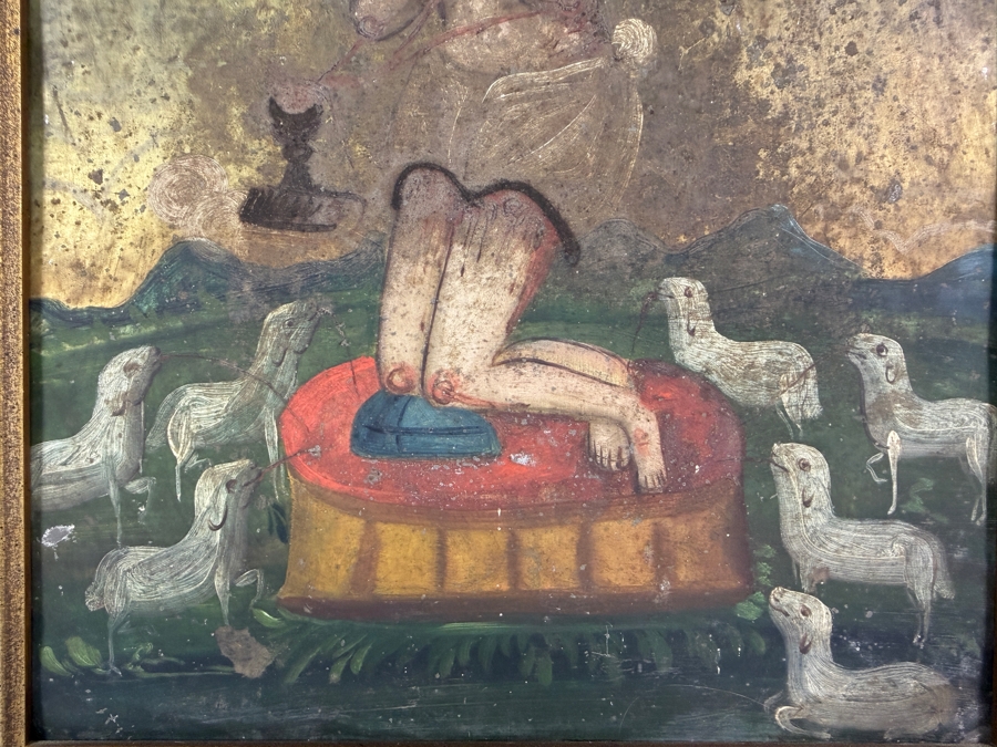 Antique 19th Century Original Mexican Retablo Painting On Tin Depicting 'The Precious Blood Of Christ' 9.75 X 13.75 Framed 12.5 X 16.5 [Photo 7]