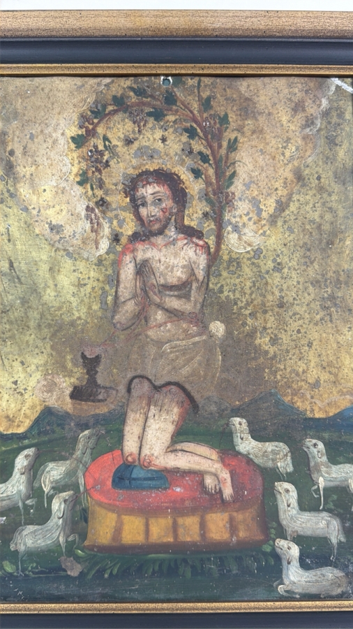 Antique 19th Century Original Mexican Retablo Painting On Tin Depicting 'The Precious Blood Of Christ' 9.75 X 13.75 Framed 12.5 X 16.5 [Photo 2]