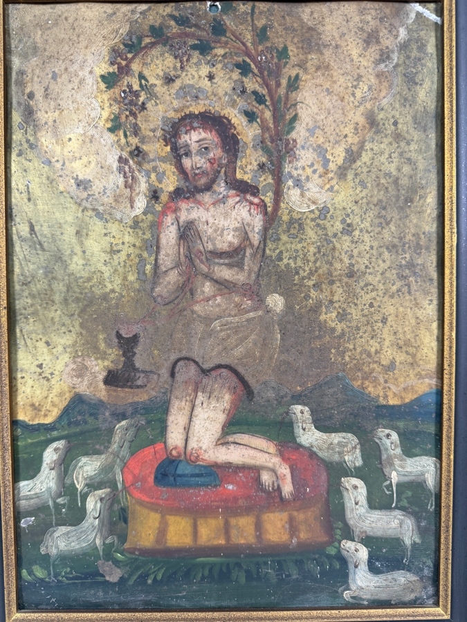 Antique 19th Century Original Mexican Retablo Painting On Tin Depicting 'The Precious Blood Of Christ' 9.75 X 13.75 Framed 12.5 X 16.5 [Photo 5]