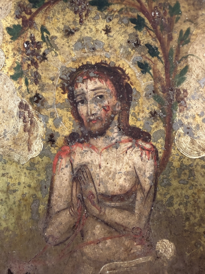 Antique 19th Century Original Mexican Retablo Painting On Tin Depicting 'The Precious Blood Of Christ' 9.75 X 13.75 Framed 12.5 X 16.5 [Photo 9]