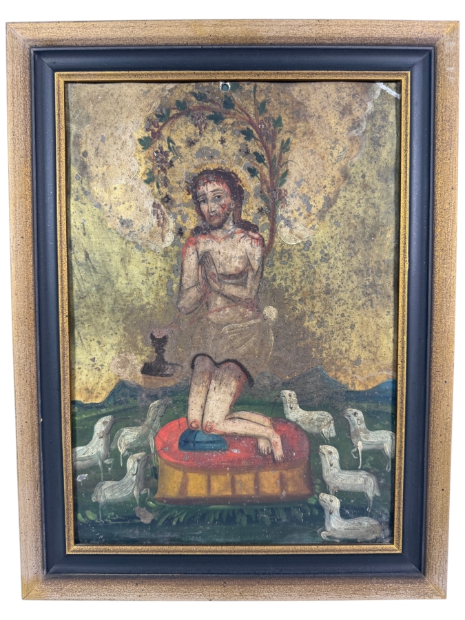 Antique 19th Century Original Mexican Retablo Painting On Tin Depicting 'The Precious Blood Of Christ' 9.75 X 13.75 Framed 12.5 X 16.5