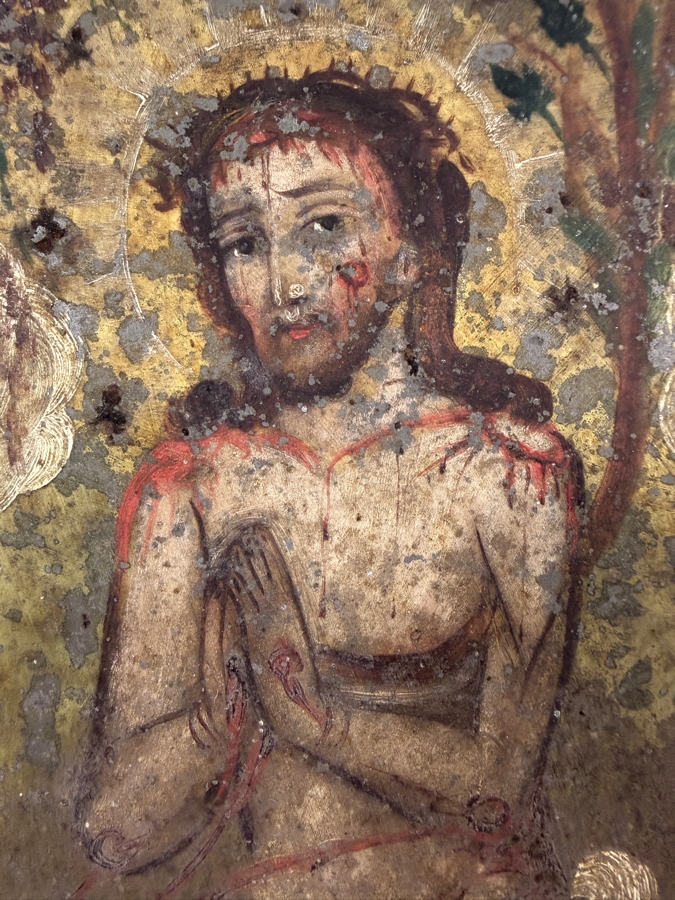 Antique 19th Century Original Mexican Retablo Painting On Tin Depicting 'The Precious Blood Of Christ' 9.75 X 13.75 Framed 12.5 X 16.5 [Photo 8]