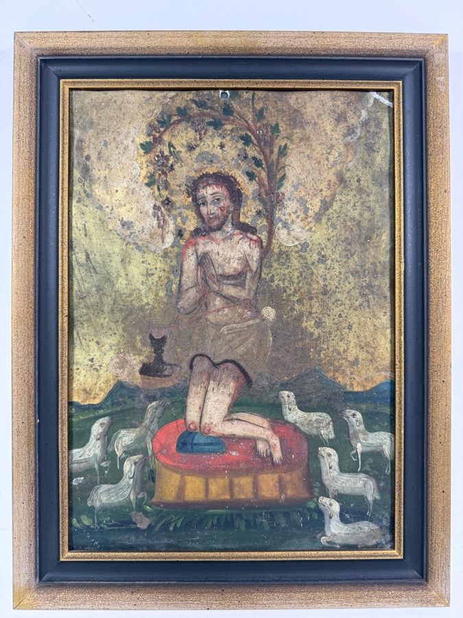 Antique 19th Century Original Mexican Retablo Painting On Tin Depicting 'The Precious Blood Of Christ' 9.75 X 13.75 Framed 12.5 X 16.5 [Photo 3]