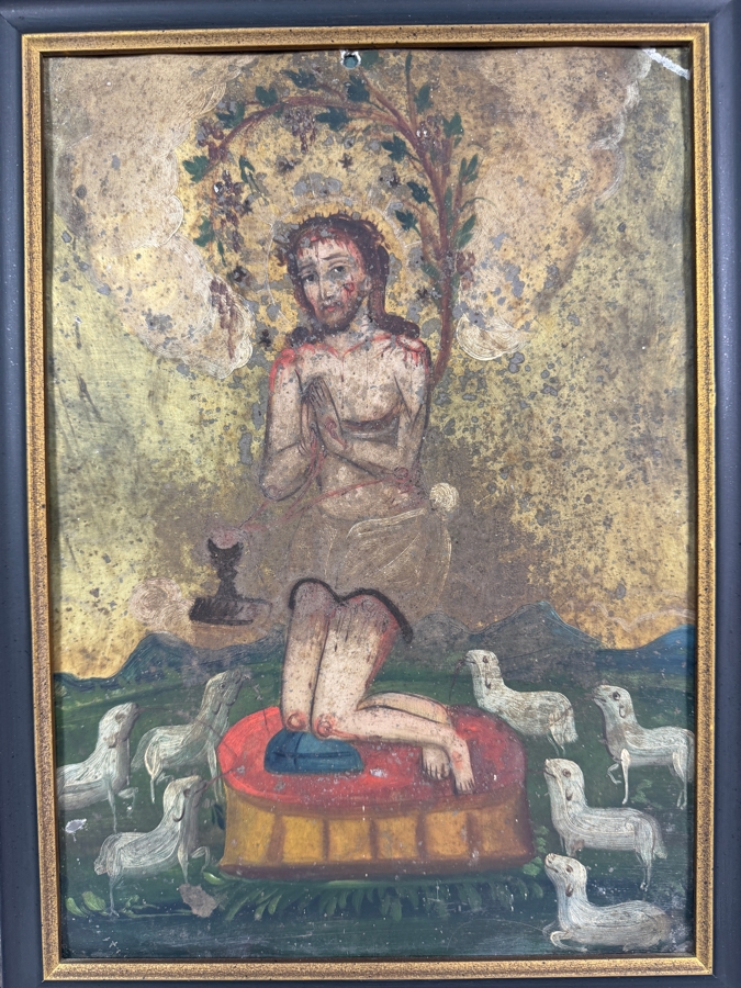 Antique 19th Century Original Mexican Retablo Painting On Tin Depicting 'The Precious Blood Of Christ' 9.75 X 13.75 Framed 12.5 X 16.5 [Photo 4]