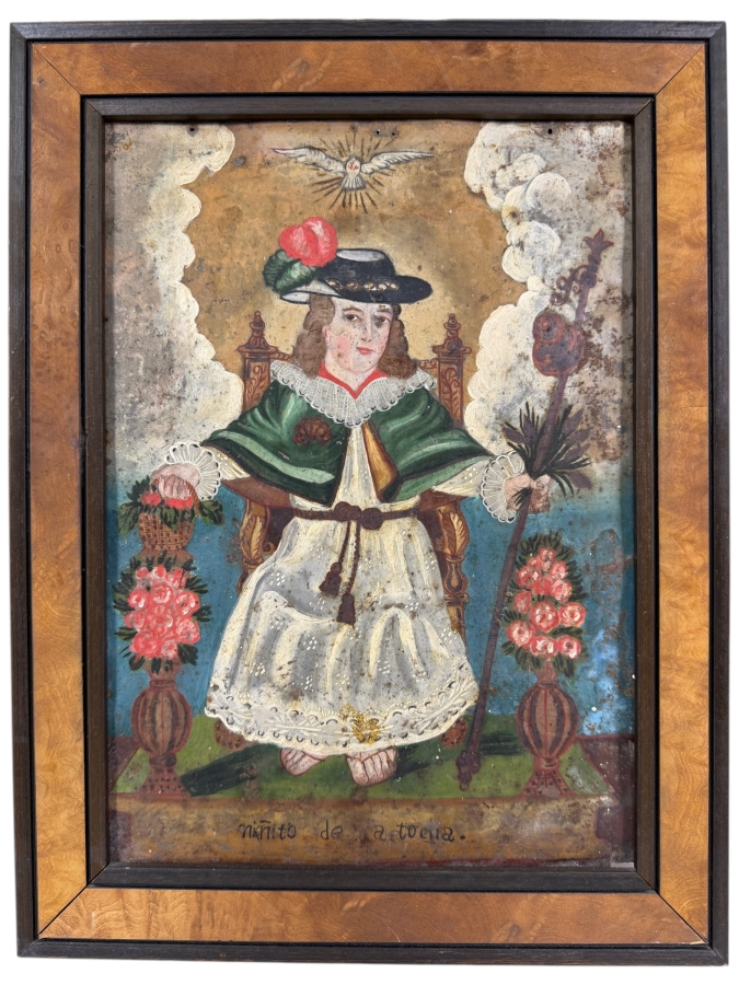 Antique 19th Century Original Mexican Retablo Painting On Tin Depicting 'The Holy Child Of Atocha' A Devotion To The Christ Child 9.5 X 13.75 Framed 12.5 X 16.75