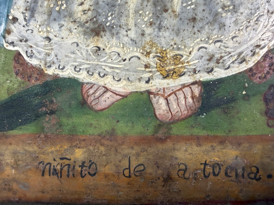 Antique 19th Century Original Mexican Retablo Painting On Tin Depicting 'The Holy Child Of Atocha' A Devotion To The Christ Child 9.5 X 13.75 Framed 12.5 X 16.75 [Photo 7]