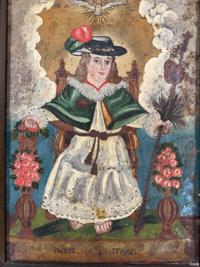 Antique 19th Century Original Mexican Retablo Painting On Tin Depicting 'The Holy Child Of Atocha' A Devotion To The Christ Child 9.5 X 13.75 Framed 12.5 X 16.75 [Photo 6]