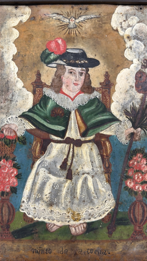 Antique 19th Century Original Mexican Retablo Painting On Tin Depicting 'The Holy Child Of Atocha' A Devotion To The Christ Child 9.5 X 13.75 Framed 12.5 X 16.75 [Photo 2]