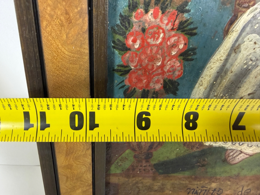 Antique 19th Century Original Mexican Retablo Painting On Tin Depicting 'The Holy Child Of Atocha' A Devotion To The Christ Child 9.5 X 13.75 Framed 12.5 X 16.75 [Photo 8]