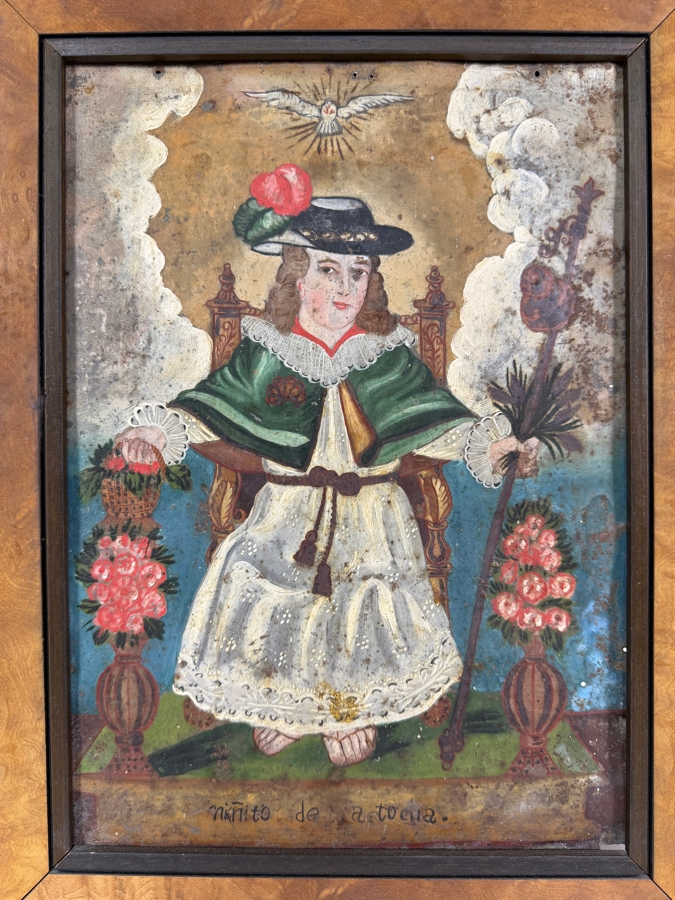 Antique 19th Century Original Mexican Retablo Painting On Tin Depicting 'The Holy Child Of Atocha' A Devotion To The Christ Child 9.5 X 13.75 Framed 12.5 X 16.75 [Photo 3]