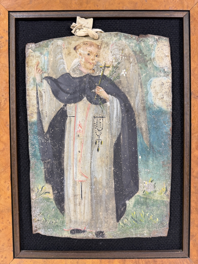 Antique 19th Century Original Mexican Retablo Painting On Tin Depicting Saint Vincent Ferrer 8 X 12 Framed 12.75 X 16.5 [Photo 2]