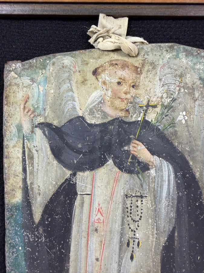 Antique 19th Century Original Mexican Retablo Painting On Tin Depicting Saint Vincent Ferrer 8 X 12 Framed 12.75 X 16.5 [Photo 3]