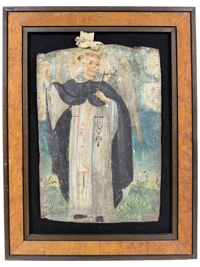 Antique 19th Century Original Mexican Retablo Painting On Tin Depicting Saint Vincent Ferrer 8 X 12 Framed 12.75 X 16.5