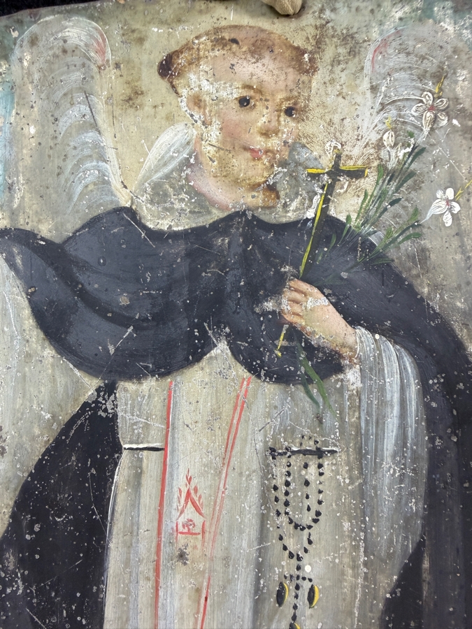 Antique 19th Century Original Mexican Retablo Painting On Tin Depicting Saint Vincent Ferrer 8 X 12 Framed 12.75 X 16.5 [Photo 4]