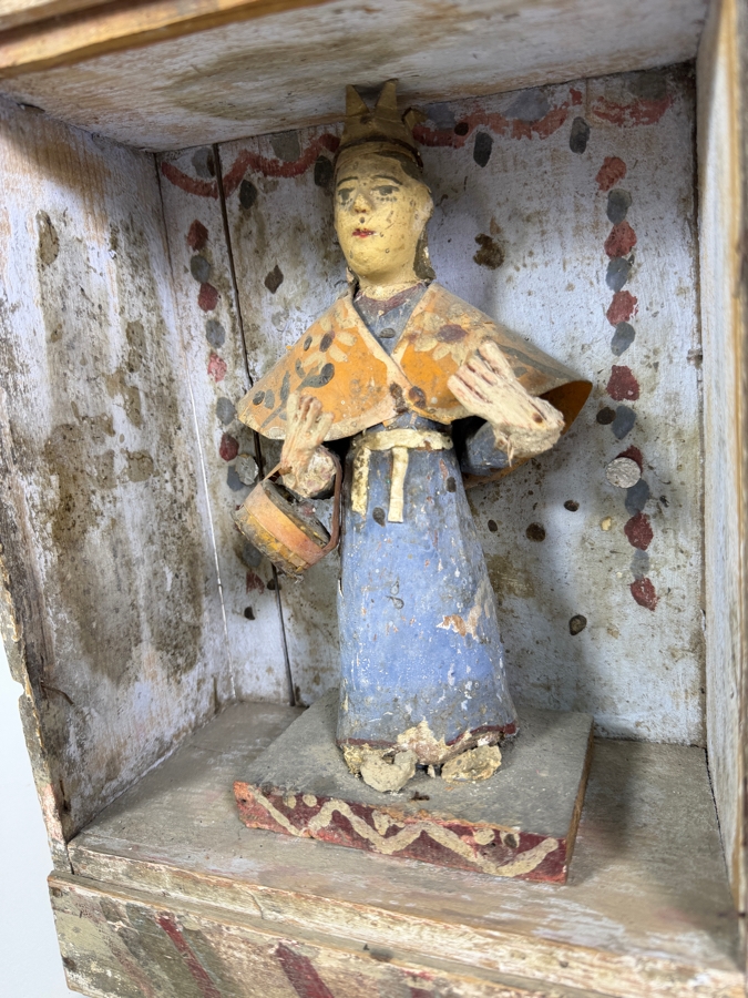 Antique Mexican Santos Hand Carved And Hand Painted Wooden Sculpture Of A Saint Enclosed Within It's Original Wooden Shrine 9W X 5D X 15.5H [Photo 6]