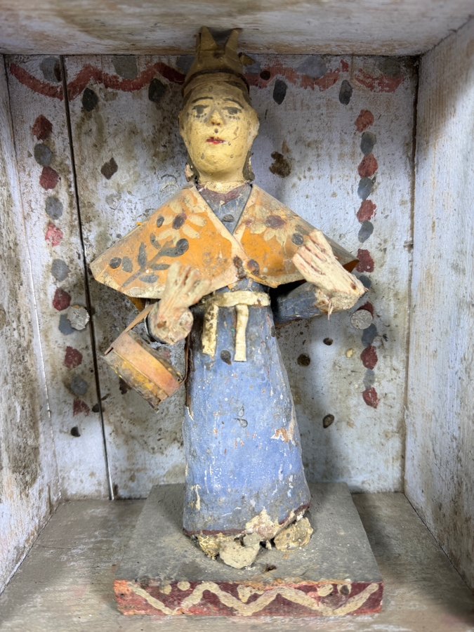 Antique Mexican Santos Hand Carved And Hand Painted Wooden Sculpture Of A Saint Enclosed Within It's Original Wooden Shrine 9W X 5D X 15.5H [Photo 2]