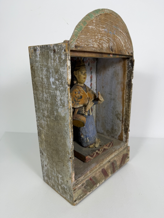 Antique Mexican Santos Hand Carved And Hand Painted Wooden Sculpture Of A Saint Enclosed Within It's Original Wooden Shrine 9W X 5D X 15.5H [Photo 7]