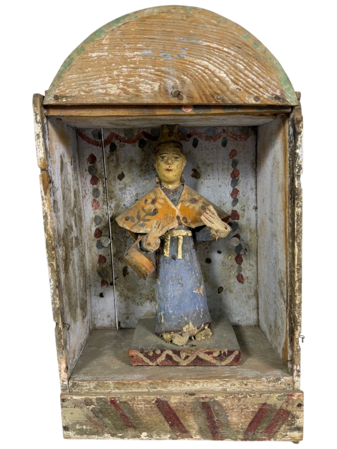 Antique Mexican Santos Hand Carved And Hand Painted Wooden Sculpture Of A Saint Enclosed Within It's Original Wooden Shrine 9W X 5D X 15.5H