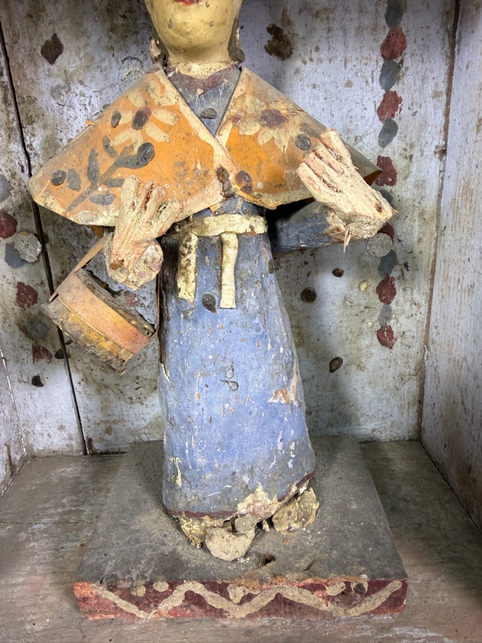 Antique Mexican Santos Hand Carved And Hand Painted Wooden Sculpture Of A Saint Enclosed Within It's Original Wooden Shrine 9W X 5D X 15.5H [Photo 5]