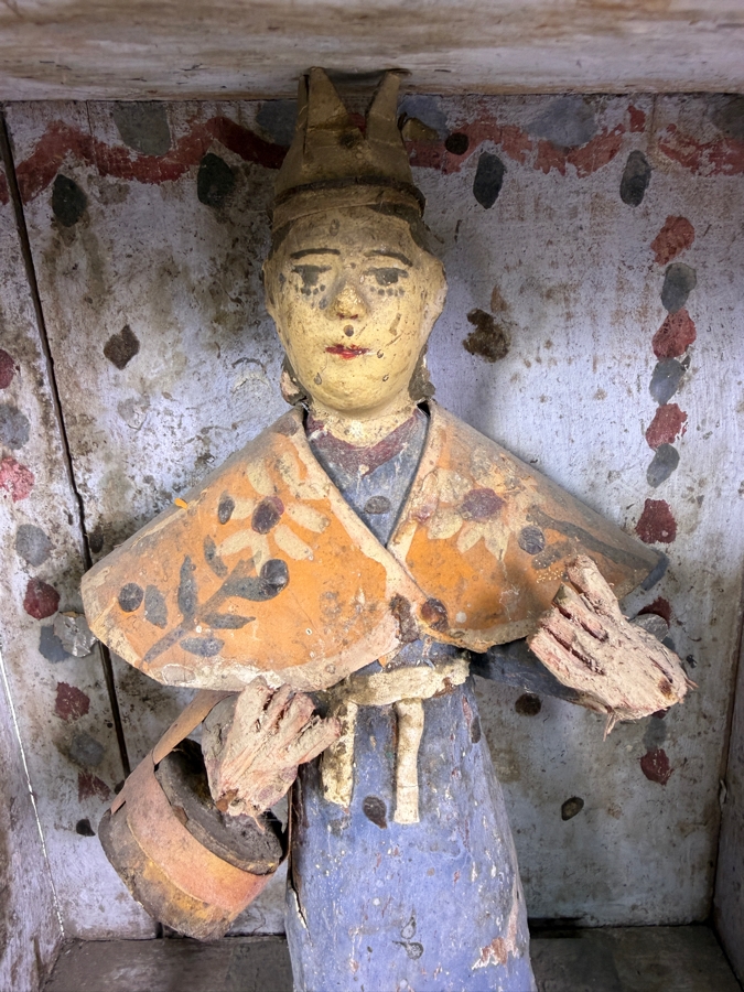 Antique Mexican Santos Hand Carved And Hand Painted Wooden Sculpture Of A Saint Enclosed Within It's Original Wooden Shrine 9W X 5D X 15.5H [Photo 3]