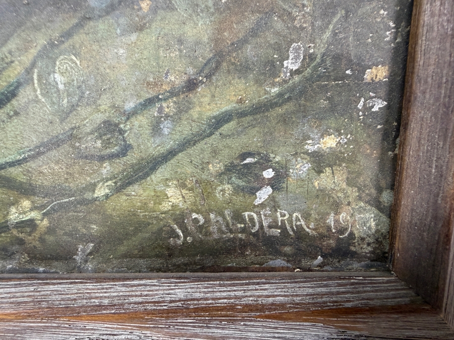 Antique Original Mexican Retablo Painting On Tin Depicting Jesus Christ On The Mount Of Olives Depicting Jesus Praying While Grasping A Chalice Signed Lower Right J. Paldera 1901 13 X 19 Framed 19.75 X 14 [Photo 5]