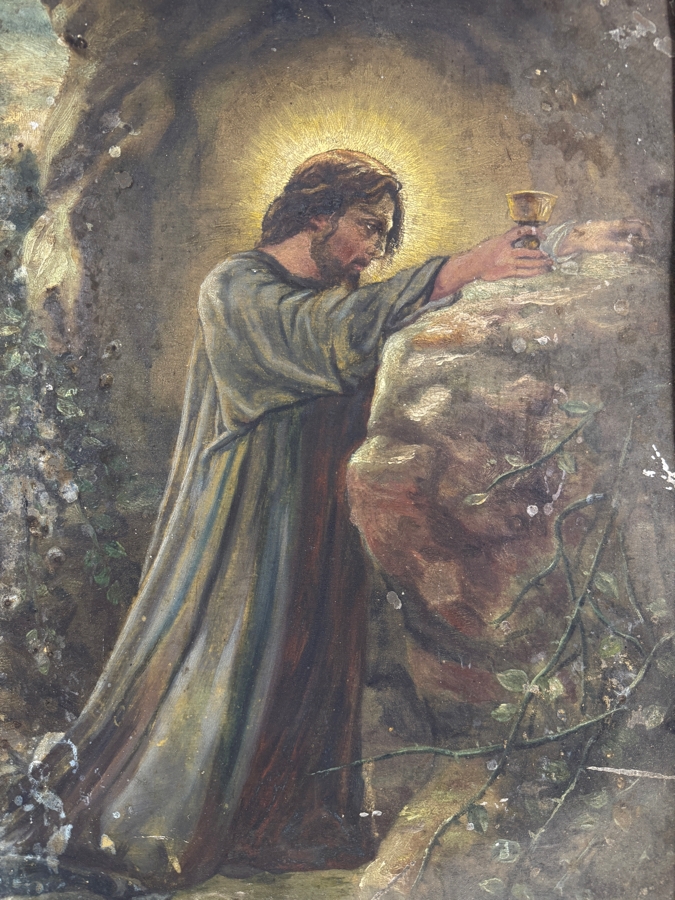 Antique Original Mexican Retablo Painting On Tin Depicting Jesus Christ On The Mount Of Olives Depicting Jesus Praying While Grasping A Chalice Signed Lower Right J. Paldera 1901 13 X 19 Framed 19.75 X 14 [Photo 3]