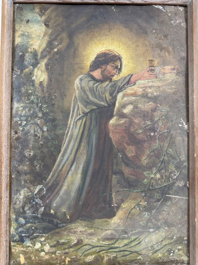 Antique Original Mexican Retablo Painting On Tin Depicting Jesus Christ On The Mount Of Olives Depicting Jesus Praying While Grasping A Chalice Signed Lower Right J. Paldera 1901 13 X 19 Framed 19.75 X 14 [Photo 2]