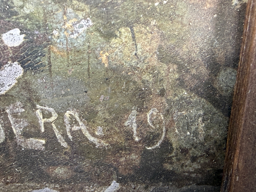 Antique Original Mexican Retablo Painting On Tin Depicting Jesus Christ On The Mount Of Olives Depicting Jesus Praying While Grasping A Chalice Signed Lower Right J. Paldera 1901 13 X 19 Framed 19.75 X 14 [Photo 8]