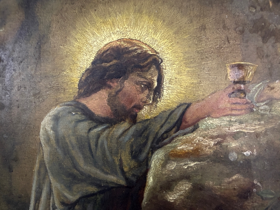 Antique Original Mexican Retablo Painting On Tin Depicting Jesus Christ On The Mount Of Olives Depicting Jesus Praying While Grasping A Chalice Signed Lower Right J. Paldera 1901 13 X 19 Framed 19.75 X 14 [Photo 4]