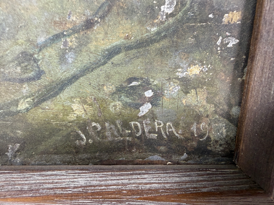 Antique Original Mexican Retablo Painting On Tin Depicting Jesus Christ On The Mount Of Olives Depicting Jesus Praying While Grasping A Chalice Signed Lower Right J. Paldera 1901 13 X 19 Framed 19.75 X 14 [Photo 6]