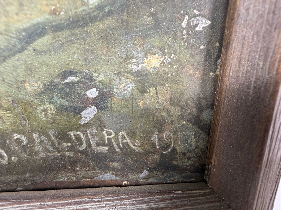 Antique Original Mexican Retablo Painting On Tin Depicting Jesus Christ On The Mount Of Olives Depicting Jesus Praying While Grasping A Chalice Signed Lower Right J. Paldera 1901 13 X 19 Framed 19.75 X 14 [Photo 7]