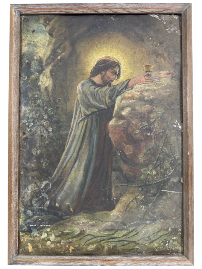 Antique Original Mexican Retablo Painting On Tin Depicting Jesus Christ On The Mount Of Olives Depicting Jesus Praying While Grasping A Chalice Signed Lower Right J. Paldera 1901 13 X 19 Framed 19.75 X 14