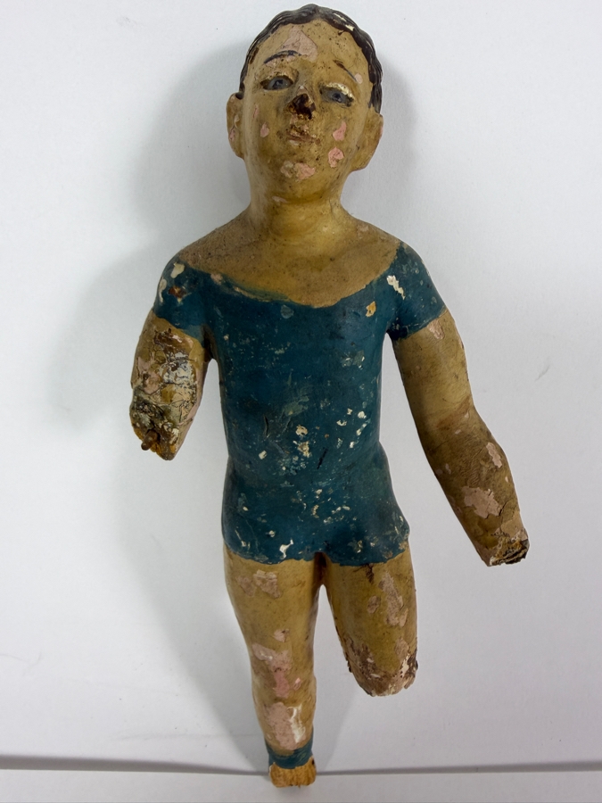 Antique Mexican Santos Hand Carved And Hand Painted Wooden Sculpture 9H [Photo 3]