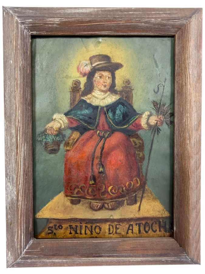 Antique Original Mexican Retablo Painting On Tin Depicting The Holy Child Of Atocha, The Christ Child 4.75 X 6.5 Framed 6.25 X 8.5