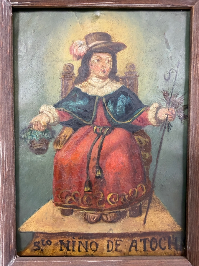 Antique Original Mexican Retablo Painting On Tin Depicting The Holy Child Of Atocha, The Christ Child 4.75 X 6.5 Framed 6.25 X 8.5 [Photo 2]