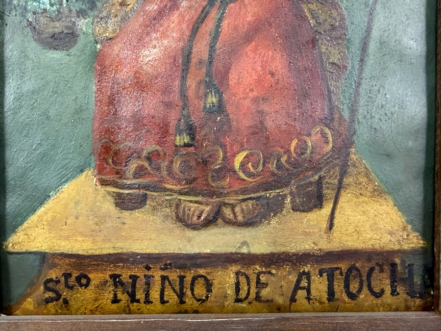 Antique Original Mexican Retablo Painting On Tin Depicting The Holy Child Of Atocha, The Christ Child 4.75 X 6.5 Framed 6.25 X 8.5 [Photo 7]