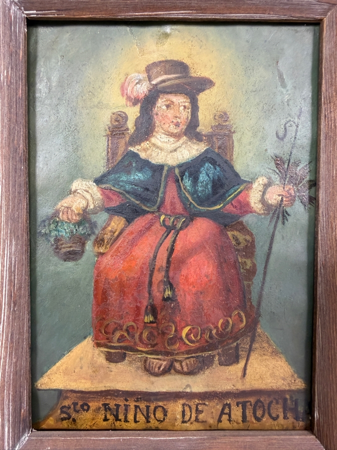 Antique Original Mexican Retablo Painting On Tin Depicting The Holy Child Of Atocha, The Christ Child 4.75 X 6.5 Framed 6.25 X 8.5 [Photo 3]