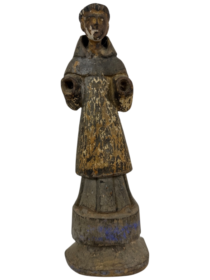 Antique 19th Century Mexican Santos Hand Carved And Hand Painted Wooden Sculpture 11.5H