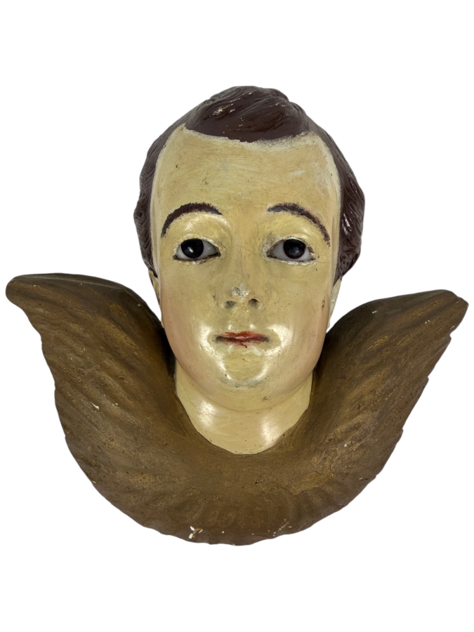 Antique Hand Carved And Hand Painted Wooden Angel Cherub Head Sculpture 11W X 10H X 5D
