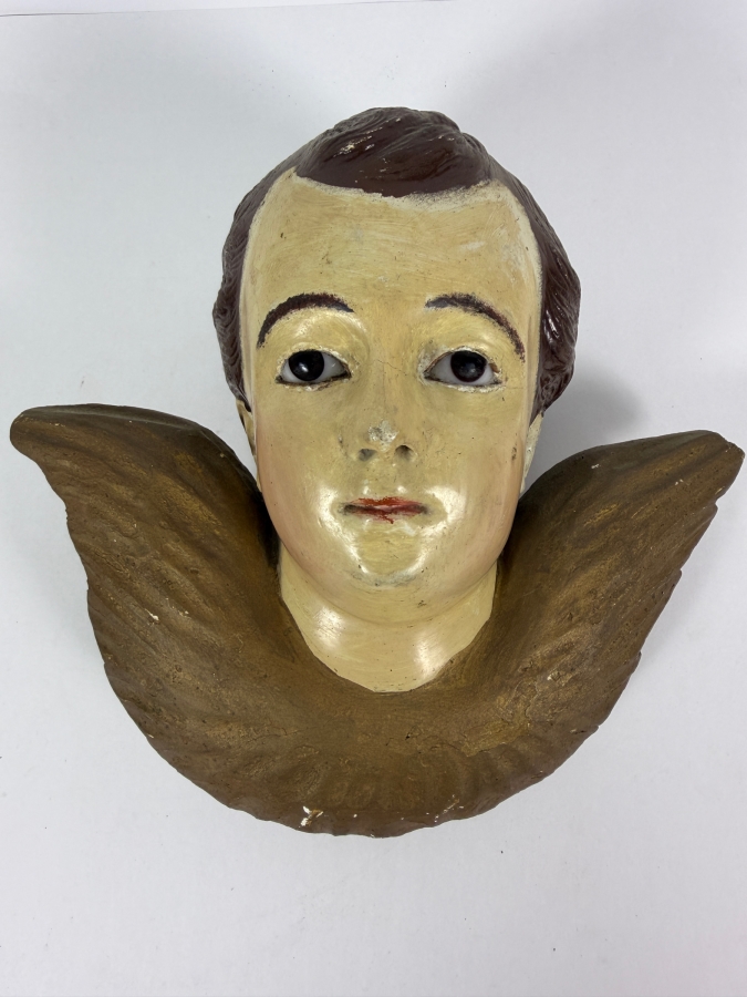 Antique Hand Carved And Hand Painted Wooden Angel Cherub Head Sculpture 11W X 10H X 5D [Photo 2]