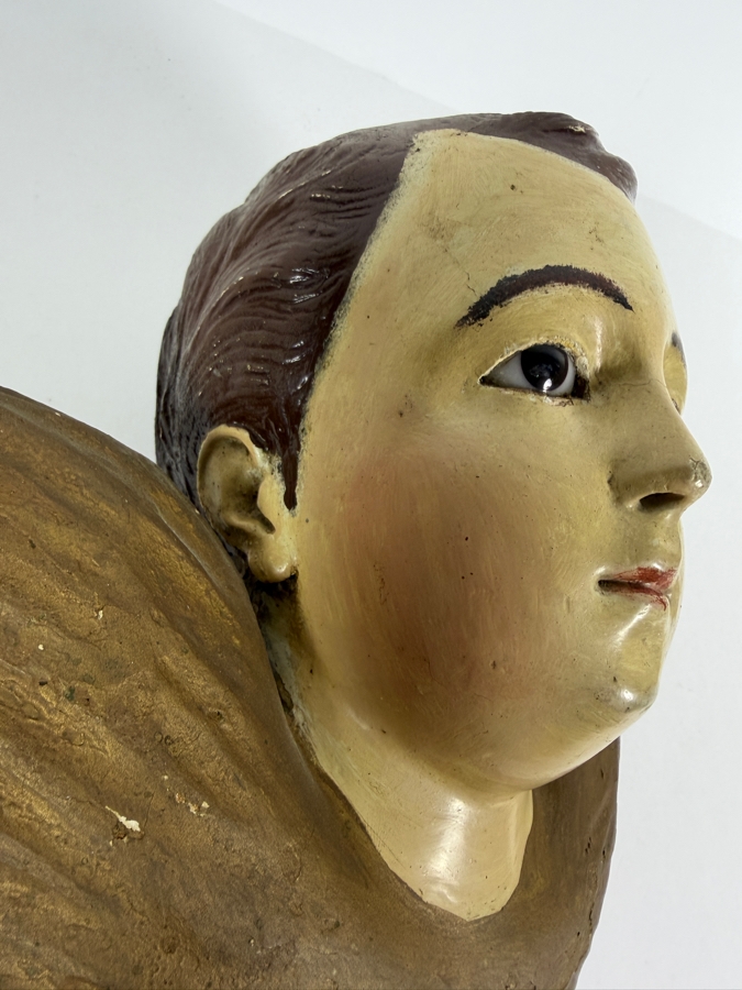 Antique Hand Carved And Hand Painted Wooden Angel Cherub Head Sculpture 11W X 10H X 5D [Photo 7]