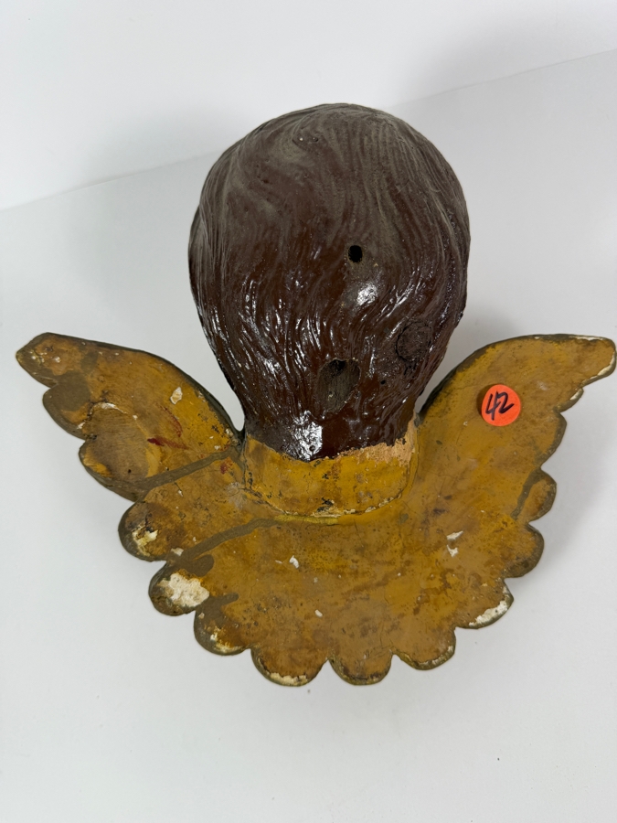Antique Hand Carved And Hand Painted Wooden Angel Cherub Head Sculpture 11W X 10H X 5D [Photo 8]